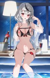 Rule 34 | 1girl, alcohol, artist request, bikini, blush, bottle, breasts, collarbone, cup, drinking glass, feet out of frame, female focus, hair between eyes, hair ornament, hairclip, highres, hololive, houkisei, indoors, large breasts, leg strap, looking at viewer, nippleless clothes, nipples, pool, pussy, red eyes, ribbon, sakamata chloe, see-through, side-tie bikini bottom, solo, swept bangs, swimsuit, tongue, tongue out, virtual youtuber, water, wet, wine, wine bottle, wine glass