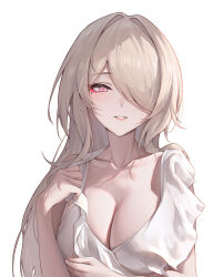 Rule 34 | 1girl, blush, breasts, cleavage, collarbone, commentary request, grey hair, hair over one eye, highres, honkai (series), honkai impact 3rd, large breasts, long bangs, long hair, looking at viewer, mole, mole under eye, one eye covered, parted lips, pink eyes, rita rossweisse, ruo zhishi chu jian, simple background, smile, solo, upper body, white background