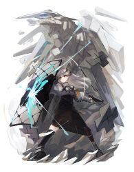 Rule 34 | 1girl, arknights, ballistic shield, belt, black footwear, black skirt, boots, chest strap, closed mouth, commentary, debris, dragon, dragon girl, dragon horns, dust cloud, feathers, fighting stance, full body, high-waist skirt, highres, holding, holding shield, holding weapon, horns, infection monitor (arknights), legs apart, long hair, long skirt, looking away, orange eyes, riot shield, rock, saria (arknights), shield, shimasato, shirt, silver hair, simple background, skirt, solo, standing, syringe gun, weapon, white background, white shirt