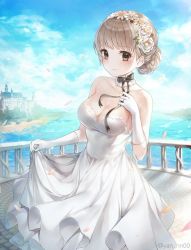Rule 34 | 1girl, absurdres, bad id, bad pixiv id, bare shoulders, black bow, blonde hair, blue sky, blush, bow, breasts, brown eyes, building, cleavage, closed mouth, cloud, collarbone, daisy, day, dress, elbow gloves, feet out of frame, flower, gloves, hair bun, hair flower, hair ornament, hand on own chest, highres, looking at viewer, medium breasts, meliyannn, neck garter, ocean, original, outdoors, railing, short hair, single hair bun, skirt hold, sky, smile, solo, standing, strapless, strapless dress, twitter username, white dress, white flower, white gloves