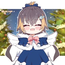 Rule 34 | 1girl, :3, :d, ^ ^, black hair, blonde hair, blue capelet, blush stickers, capelet, chibi, christmas, closed eyes, coat, commentary, english commentary, fur-trimmed capelet, fur trim, hair between eyes, kukie-nyan, multicolored hair, nijisanji, nijisanji en, open mouth, petra gurin, smile, solo, streaked hair, twitter username, virtual youtuber