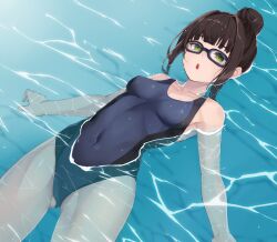 Rule 34 | 1girl, absurdres, arms at sides, black hair, black one-piece swimsuit, blunt bangs, commentary request, commission, competition swimsuit, covered navel, cowboy shot, floating, goggles, green eyes, hair bun, hamaguchi ayame, highres, idashige (walkietalkie), idolmaster, idolmaster cinderella girls, long hair, looking at viewer, one-piece swimsuit, partially submerged, pixiv commission, sidelocks, single hair bun, solo, swimsuit, water