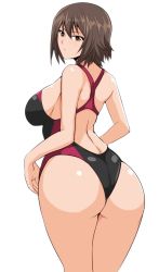 Rule 34 | 10s, 1girl, ass, bare shoulders, bikini, blush, breasts, brown eyes, brown hair, competition swimsuit, cowboy shot, curvy, girls und panzer, hifumi hajime, huge ass, huge breasts, large breasts, looking back, nishizumi maho, one-piece swimsuit, shiny skin, short hair, sideboob, simple background, solo, swimsuit, white background, wide hips