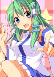 Rule 34 | 1girl, :d, bare shoulders, blue eyes, blush, breasts, detached sleeves, frog hair ornament, green hair, hair ornament, hair tubes, jumping, kochiya sanae, long hair, looking at viewer, nitizyo, open mouth, plaid, plaid background, pointing, pointing at viewer, skirt, smile, snake hair ornament, solo, star (symbol), touhou