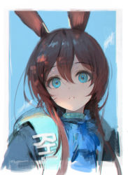 Rule 34 | 1girl, amiya (arknights), animal ears, arknights, artist name, ascot, blue ascot, blue background, border, brown hair, clothes writing, commentary, english commentary, hair between eyes, highres, infection monitor (arknights), long hair, looking at viewer, parted lips, portrait, rabbit ears, rabbit girl, sidelocks, simple background, solo, soyoong jun, white border