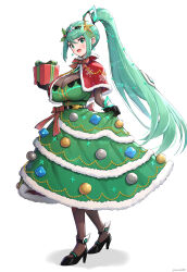 Rule 34 | 1girl, absurdres, box, breasts, christmas, christmas ornaments, christmas tree costume, core crystal (xenoblade), dress, gift, gift box, gonzarez, green eyes, green hair, hair ornament, high heels, high ponytail, highres, holding, holding gift, large breasts, pantyhose, pneuma (xenoblade), ponytail, smile, solo, xenoblade chronicles (series), xenoblade chronicles 2