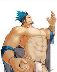 Rule 34 | 1boy, abs, asymmetrical hair, bara, bare pectorals, bare shoulders, blue eyes, blue hair, blue kimono, bulge, chest tattoo, cowboy shot, facial hair, fundoshi, goatee, gomtang, japanese clothes, kimono, large pectorals, long hair, looking up, male focus, male underwear, mature male, muscular, muscular male, navel, navel hair, nipples, no pants, off shoulder, open clothes, open kimono, original, pectorals, ponytail, shark (gomtang), sideburns, sidecut, smile, solo, stomach, tattoo, thick eyebrows, thick thighs, thighs, undercut, underwear, wet, wet clothes, wet male underwear, white male underwear