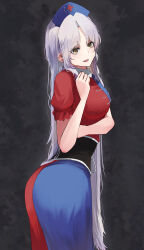 Rule 34 | 1girl, absurdres, alternate hairstyle, ass, black sash, blue dress, blue hat, breasts, cross print, dress, grey background, grey hair, hand up, hat, highres, large breasts, long hair, looking at viewer, multicolored clothes, multicolored dress, nurse cap, open mouth, parted bangs, puffy short sleeves, puffy sleeves, red dress, sash, short sleeves, sidelocks, simple background, smile, solo, standing, teeth, tongue, touhou, yagokoro eirin, yagoro kusuriya, yellow eyes