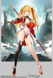 Rule 34 | 1girl, armband, black thighhighs, blonde hair, breasts, character request, circlet, evertale, headband, highres, holding, holding staff, jacket, journey to the west, large breasts, long hair, monkey girl, monkey tail, navel, official art, open clothes, open jacket, open mouth, pelvic curtain, popqn, red footwear, single thighhigh, skindentation, smile, staff, sun wukong, tail, thighhighs, thighlet, twintails