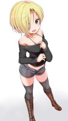 Rule 34 | 1girl, alternate eye color, bare shoulders, black shirt, black thighhighs, blonde hair, blush, boots, camisole, collarbone, commentary, cross-laced footwear, ear piercing, full body, grey eyes, hair over one eye, highres, idolmaster, idolmaster cinderella girls, knee boots, long sleeves, looking at viewer, marumaru, off-shoulder shirt, off shoulder, open mouth, piercing, shirasaka koume, shirt, short hair, short shorts, shorts, simple background, smile, solo, thighhighs