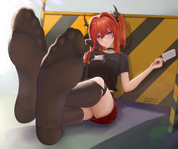 Rule 34 | 1girl, absurdres, arknights, black socks, bm (bm364364), feet, female focus, food, foot focus, foreshortening, highres, holding food, holding ice cream, horns, ice cream, light blush, long hair, looking at viewer, popsicle, purple eyes, red hair, shirt, simple background, socks, soles, solo, surtr (arknights), t-shirt, thighs