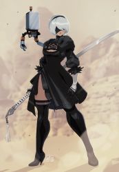 Rule 34 | 1girl, black blindfold, black dress, black footwear, black gloves, black hairband, black thighhighs, blindfold, boots, breasts, cleavage cutout, clothing cutout, covered eyes, dress, full body, gloves, grey hair, hairband, high heel boots, high heels, highres, holding, holding sword, holding weapon, huge weapon, juliet sleeves, long sleeves, medium breasts, mole, mole under mouth, narrow waist, nier (series), nier:automata, ootachi, pod (nier:automata), puffy sleeves, reverse grip, side slit, solo focus, standing, sword, thigh boots, thighhighs, thighhighs under boots, thighs, tovio rogers, vambraces, virtuous contract, weapon, 2b (nier:automata)