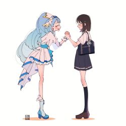 Rule 34 | 2girls, aoi tete, artist logo, bag, blue hair, blush, boots, brown eyes, brown footwear, brown hair, closed eyes, commentary request, cure ange, dress, earrings, eyelashes, glasses, hair ornament, hairclip, happy, high heel boots, high heels, highres, holding hands, hugtto! precure, jewelry, kneehighs, long hair, looking at another, magical girl, multiple girls, open mouth, precure, school bag, school uniform, shirt, shoes, short hair, simple background, skirt, smile, socks, standing, white background, white dress, white shirt, wrist cuffs, yakushiji saaya