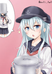 Rule 34 | 10s, 1girl, anti (untea9), blue eyes, blush, chestnut mouth, flute, furrowed brow, gradient background, hat, hibiki (kancolle), highres, instrument, kantai collection, long hair, open mouth, pot, pot on head, recorder, school uniform, serafuku, silver hair, simple background, skirt, solo, sparkle, thought bubble, twitter username