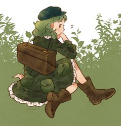 Rule 34 | 1girl, backpack, bag, brown eyes, brown footwear, camouflage dress, curly hair, dress, flat cap, frilled dress, frills, green dress, green hair, green hat, hand on own chin, hat, head rest, multicolored background, musical note, signature, smile, toe miyama, touhou, yamashiro takane