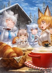 Rule 34 | 4girls, animal ear fluff, animal ears, arctic fox (kemono friends), bare shoulders, blonde hair, bow, bowtie, breast pocket, brown hair, capelet, closed eyes, closed mouth, coat, commentary request, copyright notice, day, eating, elbow gloves, eurasian lynx (kemono friends), extra ears, fisheye, food, fox ears, fur collar, glasses, gloves, hands up, high-waist skirt, holding, holding food, holding spoon, kemono friends, lain, light brown hair, lion ears, long hair, looking at another, medium hair, multicolored hair, multiple girls, necktie, official art, open mouth, orange eyes, outdoors, parted lips, paw pose, plaid neckwear, plate, pocket, pot, print gloves, print neckwear, print skirt, semi-rimless eyewear, serval (kemono friends), serval print, shirt, short hair, skirt, sleeveless, sleeveless shirt, smile, snow, spoon, streaked hair, table, traditional bowtie, two-tone hair, under-rim eyewear, watermark, white hair, white lion (kemono friends), wooden spoon, wooden table, yellow eyes