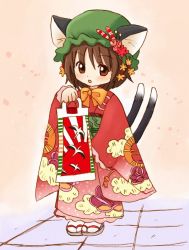 Rule 34 | 1girl, animal ears, bad id, bad pixiv id, brown eyes, brown hair, cat ears, cat girl, cat tail, chen, eijima moko, female focus, full body, japanese clothes, kimono, multiple tails, short hair, solo, tail, touhou