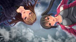 Rule 34 | 2girls, aotonbo, black hair, blush, breasts, brown eyes, brown hair, cleavage, formal, from below, game cg, jacket, large breasts, long hair, looking at viewer, multiple girls, ohanabatakerun, open mouth, pink eyes, side ponytail, sky, suit, upper body, xx of the dead