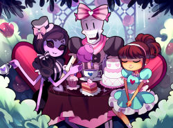 Rule 34 | 1boy, 1girl, alternate costume, alternate hairstyle, androgynous, arthropod girl, black hair, bow, brown hair, cake, chair, colored skin, commentary, cup, cupcake, dress, earrings, extra arms, extra eyes, fangs, flower, food, frisk (undertale), hairband, hands on lap, hat, jewelry, monster girl, muffet, open mouth, papyrus (undertale), plate, purple eyes, purple skin, rotodisk, sitting, skeleton, smile, tea party, teapot, undertale