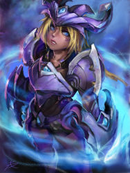Rule 34 | 1girl, armor, blonde hair, blue eyes, championship shyvana, collarbone, eyelashes, hair between eyes, highres, league of legends, lipstick, long hair, looking away, makeup, parted bangs, parted lips, phantom ix row, ponytail, shyvana, signature, solo, thighs