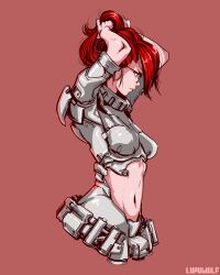 Rule 34 | 1girl, absurdres, artist name, bodysuit, breasts, clothing cutout, commentary, english commentary, from side, glasses, grey bodysuit, highres, krita (medium), long bangs, looking down, lupuwulf, medium breasts, midriff, navel, original, red background, red hair, solo, stomach cutout, tying hair, upper body