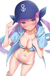Rule 34 | 1girl, bikini, blue hat, breasts, commentary request, hat, highres, hololive, k mugura, long hair, looking at viewer, medium breasts, minato aqua, minato aqua (hololive summer 2019), purple hair, simple background, solo, striped bikini, striped clothes, swimsuit, virtual youtuber, white background