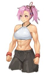 Rule 34 | 1girl, bare arms, bare shoulders, black pants, character request, clenched hands, commentary request, copyright request, crop top, hair between eyes, halterneck, long hair, midriff, navel, pants, pink eyes, pink hair, ponytail, ranma (kamenrideroz), side ponytail, simple background, smile, solo, stomach, white background