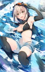 Rule 34 | 1girl, ahoge, arm up, armpits, bare shoulders, bikini, black bikini, black gloves, black scarf, black thighhighs, blurry, breasts, brown hair, cleavage, commentary request, day, depth of field, elbow gloves, fate/grand order, fate (series), glint, gloves, goggles, goggles on head, highleg, highleg bikini, highres, hirai yuzuki, looking at viewer, medium breasts, navel, okita j. souji (fate), okita j. souji (first ascension) (fate), okita souji (fate), okita souji (koha-ace), outdoors, revision, scarf, short hair, signature, single glove, solo, sunlight, swimsuit, thighhighs, water, water drop, wet, wristband, yellow eyes
