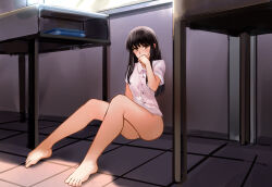 Rule 34 | 1girl, absurdres, barefoot, black hair, bottomless, brown eyes, buttons, classroom, collared shirt, covering own mouth, desk, exhibitionism, feet, female focus, full body, hand over own mouth, highres, indoors, knees up, long hair, looking at viewer, masturbation, nude, original, public indecency, pussy juice, school desk, shirt, short sleeves, sidelocks, sitting, solo, thighs, tile floor, tiles, toes, white shirt, yuanfang de baihua lu00edn