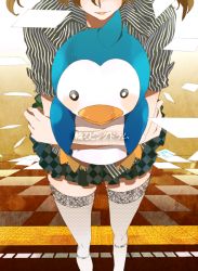 Rule 34 | 10s, 1girl, animal, bad id, bad pixiv id, bird, blush, brown hair, camelot, checkered floor, copyright name, fishnet thighhighs, fishnets, floor, foreshortening, head out of frame, hug, mawaru penguindrum, penguin, penguin 2-gou, thighhighs, zettai ryouiki