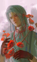 1boy absurdres bead_necklace beads blue_eyes closed_mouth flower gloves grey_hair highres jewelry long_hair looking_at_viewer male_focus multicolored_eyes necklace original pink_background red_eyes red_flower red_gloves shonoman solo upper_body