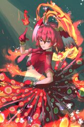 Rule 34 | 1girl, bird girl, bird tail, bird wings, blue eyes, feathered wings, fire, gloves, head wings, highres, kemono friends, looking at viewer, looking back, necktie, red hair, sasa fune, shirt, short hair, simple background, skirt, solo, suzaku (kemono friends), tail, wings