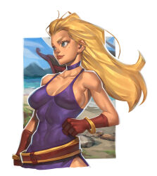 Rule 34 | 1girl, bare shoulders, blonde hair, breasts, cleavage, covered erect nipples, covered navel, dress, fatal fury, garou: mark of the wolves, gloves, green eyes, highres, jenet behrn, large breasts, long hair, mick cortes, ocean, ship, sleeveless, the king of fighters, toned, water, watercraft