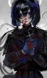 Rule 34 | 1girl, black hair, blood, blood on clothes, blood on face, blood on gloves, blue eyes, cross, fang, gloves, grey background, hair strand, hair tie, halo, highres, looking at viewer, nosebleed, open mouth, original, pleated skirt, school uniform, shiun (siun 5513), skirt, uniform