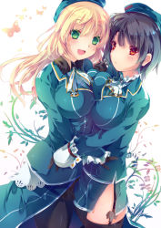 Rule 34 | 10s, 2girls, amanatsu yuzuka, atago (kancolle), beret, black hair, blonde hair, blue hat, breast press, breasts, green eyes, hat, hug, huge breasts, kantai collection, large breasts, long hair, long sleeves, looking at viewer, military, military uniform, multiple girls, pantyhose, red eyes, short hair, side slit, simple background, sleeve cuffs, symmetrical docking, takao (kancolle), thighhighs, uniform, white background, zettai ryouiki