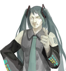 Rule 34 | 1boy, azomo, closed mouth, collared shirt, commentary request, detached sleeves, genderswap, genderswap (mtf), green hair, green necktie, grey shirt, hatsune miku, highres, long hair, long sleeves, looking at viewer, male focus, necktie, pointing, pointing at viewer, sanpaku, shirt, shoulder tattoo, simple background, sleeveless, sleeveless shirt, smile, solo, tattoo, twintails, very long hair, vocaloid, white background, wing collar