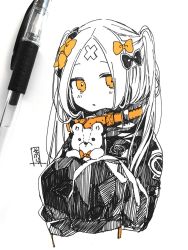 Rule 34 | 1girl, abigail williams (fate), abigail williams (traveling outfit) (fate), alternate hairstyle, art tools in frame, black bow, black jacket, blonde hair, blush, bow, fate/grand order, fate (series), hair bow, hair bun, holding, holding stuffed toy, jacket, long hair, long sleeves, looking at viewer, official alternate costume, orange bow, orange eyes, parted bangs, parted lips, photo (medium), single hair bun, sleeves past fingers, sleeves past wrists, sofra, solo, stuffed animal, stuffed toy, teddy bear, traditional media, two side up