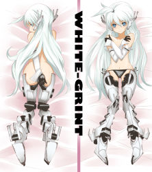 Rule 34 | 1girl, armored core, armored core: for answer, black panties, blue eyes, blush, breast hold, breasts, covering privates, covering breasts, dakimakura (medium), english text, engrish text, from software, gintarou (kurousagi108), long hair, lying, mecha musume, multiple views, nude, panties, ranguage, side-tie panties, topless, underwear, white glint, white hair