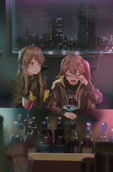 Rule 34 | 2girls, absurdres, alcohol, armband, black gloves, black hairband, black jacket, blush, bottle, brown hair, chair, cherry, commission, crying, cup, drinking glass, food, fruit, girls&#039; frontline, gloves, unworn gloves, gonzz (gon2rix), green eyes, hairband, highres, indoors, jacket, long hair, long sleeves, looking at another, multiple girls, night, one side up, open mouth, scenery, ump40 (girls&#039; frontline), ump45 (girls&#039; frontline)