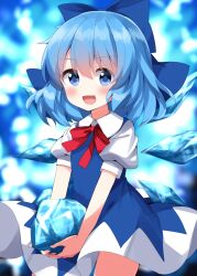 Rule 34 | 1girl, :d, blue background, blue bow, blue dress, blue eyes, blue hair, blush, bow, bowtie, cirno, contrapposto, cowboy shot, dress, hair bow, highres, holding, ice, ice wings, one-hour drawing challenge, open mouth, pinafore dress, puffy short sleeves, puffy sleeves, red bow, red bowtie, ruu (tksymkw), short sleeves, sleeveless, sleeveless dress, smile, solo, touhou, wing collar, wings