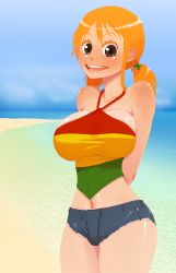 Rule 34 | 1girl, animated, animated gif, arms behind back, beach, bikini, blush, bouncing breasts, breasts, denim, denim shorts, freckles, full-face blush, large breasts, long hair, looking at viewer, nami (one piece), navel, nipples, one piece, orange hair, shorts, smile, solo, soumakyo, sweat, swimsuit, tan, twintails, wardrobe malfunction