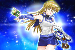 Rule 34 | 1girl, 203wolves, :d, blonde hair, blue background, blue gloves, blue sailor collar, blue skirt, card, cowboy shot, duel academy uniform (yu-gi-oh! gx), duel disk, elbow gloves, fingerless gloves, gloves, hair between eyes, holding, holding card, jacket, long hair, looking at viewer, miniskirt, open mouth, outstretched arm, pencil skirt, sailor collar, skirt, sleeveless, sleeveless jacket, smile, solo, standing, straight hair, tenjouin asuka, turtleneck, very long hair, white jacket, yellow eyes, yu-gi-oh!, yu-gi-oh! gx