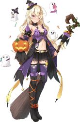 Rule 34 | 1girl, :3, ahoge, bare shoulders, basket, bat wings, black footwear, black skirt, blonde hair, blush, boots, breasts, broom, candy, candy cane, chateau d&#039;usse (oshiro project), cleavage, detached sleeves, food, full body, ghost, halloween, halloween bucket, halloween costume, hat, holding, holding basket, holding broom, jack-o&#039;-lantern, long hair, looking at viewer, medium breasts, midriff, navel, official art, one eye closed, oshiro project:re, oshiro project:re, pleated skirt, purple thighhighs, red eyes, skirt, solo, takanashi kei (hitsujikan), thighhighs, transparent background, wings, witch hat