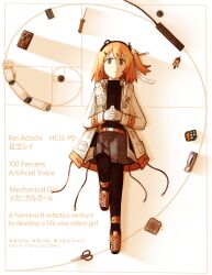 Rule 34 | 1girl, a.i. voice, absurdres, adachi rei, android, belt, black pantyhose, black shirt, bread, bread slice, burnt food, cable, cassette player, character charm, character name, charm (object), closed mouth, commentary, culottes, eletenshi, english text, food, from above, gears, gloves, golden spiral, grey shorts, hair ribbon, headlamp, highres, hood, hood down, hooded jacket, interlocked fingers, jacket, knee up, long sleeves, looking at viewer, lying, netsu ijou (utau), on back, one side up, open clothes, open jacket, orange belt, orange eyes, orange hair, own hands clasped, own hands together, pan kogekoge ni nacchatta (utau), pantyhose, power strip, product placement, radio antenna, ribbon, scissors, screwdriver, severed arm, severed limb, shadow, shirt, shoes, shorts, sidelighting, smile, sneakers, solo, tape dispenser, translated, utau, white gloves, white jacket, white ribbon, yogatari tobari