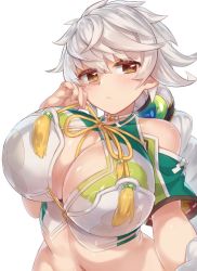 Rule 34 | 10s, 1girl, arm at side, asymmetrical hair, bad id, bad twitter id, bare shoulders, braid, breasts, cleavage cutout, clothing cutout, cloud print, collarbone, crop top, hair ornament, huge breasts, jitome, kantai collection, long hair, looking at viewer, midriff, navel, pokoten (pokoten718), shiny skin, silver hair, single braid, solo, strap pull, unryuu (kancolle), upper body, very long hair, wavy hair, yellow eyes