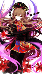 Rule 34 | 1girl, absurdres, artist name, aura, bad id, bad pixiv id, black dress, black sash, braid, breasts, brown hair, dress, floating hair, flower, french braid, hair between eyes, headdress, highres, junko (touhou), large breasts, long dress, long hair, long sleeves, looking at viewer, neck ribbon, open mouth, petals, red eyes, red flower, ribbon, sash, sheya, signature, simple background, sleeves past fingers, sleeves past wrists, smile, solo, tassel, touhou, white background, wide sleeves, yellow ribbon