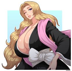 Rule 34 | 1girl, absurdres, bleach, blonde hair, blue eyes, breasts, cleavage, clothes, collar, female focus, hair intakes, haori, highres, huge breasts, japanese clothes, jewelry, lips, long hair, looking at viewer, matsumoto rangiku, mole, mole under mouth, necklace, one eye closed, simmsy, smile, solo, taichou haori, thick lips