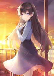 Rule 34 | 1girl, black ribbon, black skirt, blue eyes, braid, breasts, brown hair, closed mouth, commentary request, copyright request, from side, hair ornament, hairclip, hands up, highres, kagachi saku, long hair, looking at viewer, looking to the side, medium breasts, neck ribbon, novel illustration, official art, railing, ribbon, shirt, skirt, smile, solo, sunset, very long hair, white shirt, x hair ornament