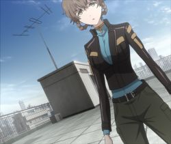 Rule 34 | 1girl, amane suzuha, braid, breasts, brown hair, city, cityscape, highres, jacket, long hair, open mouth, outdoors, pants, rooftop, screencap, sky, solo, steins;gate, steins;gate 0, stitched, third-party edit, twin braids, yellow eyes