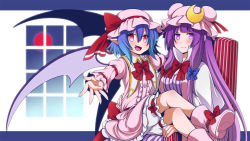 Rule 34 | 2girls, :d, bat wings, bloomers, blue hair, blush, boots, breasts, chair, cleavage, crescent, eichi yuu, fang, female focus, hat, hat ribbon, large breasts, long hair, looking at viewer, multiple girls, open mouth, outstretched hand, patchouli knowledge, pointy ears, purple eyes, purple hair, red eyes, remilia scarlet, ribbon, short hair, sitting, sitting on lap, sitting on person, smile, touhou, underwear, wings